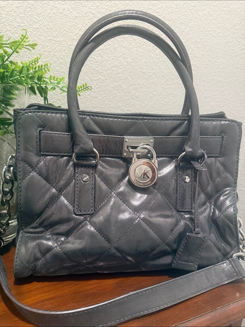 Michael Kors Pewter quilted Sachel Beautiful fall color.